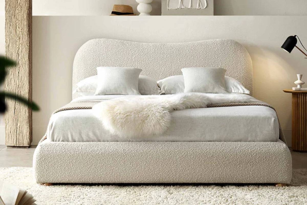 Egerie Curved Headboard Beige Boucle Ottoman Storage Bed