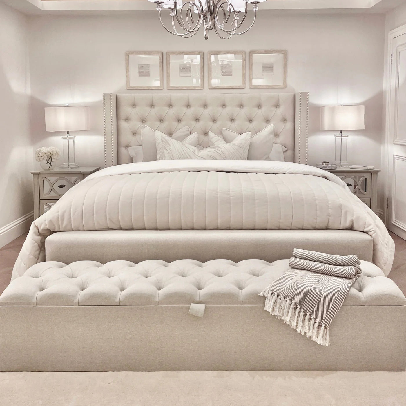 Evie Classic Luxury Grey Tweed Buttoned Silver Stud Wing Chunky Bed