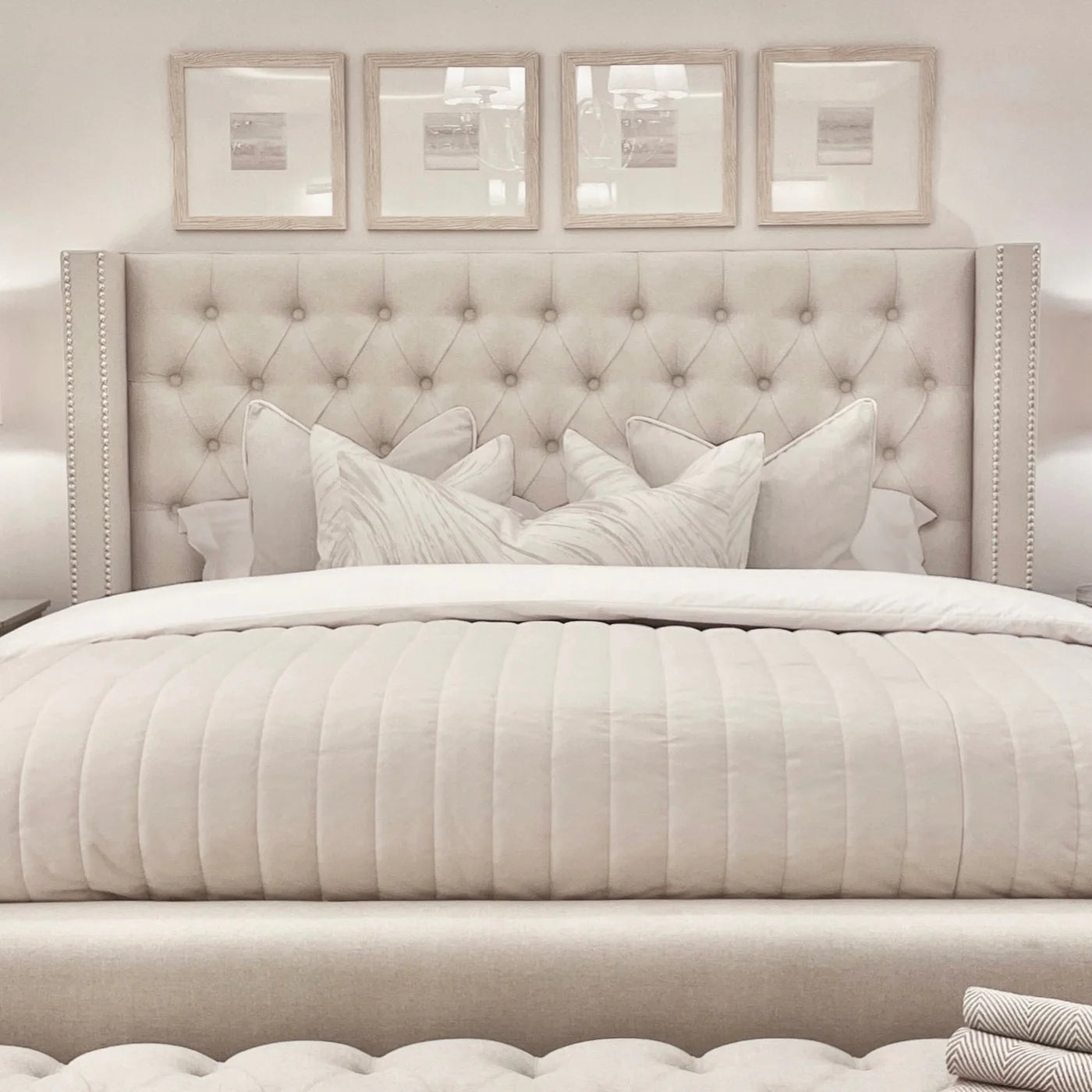 Evie Classic Luxury Grey Tweed Buttoned Silver Stud Wing Chunky Bed
