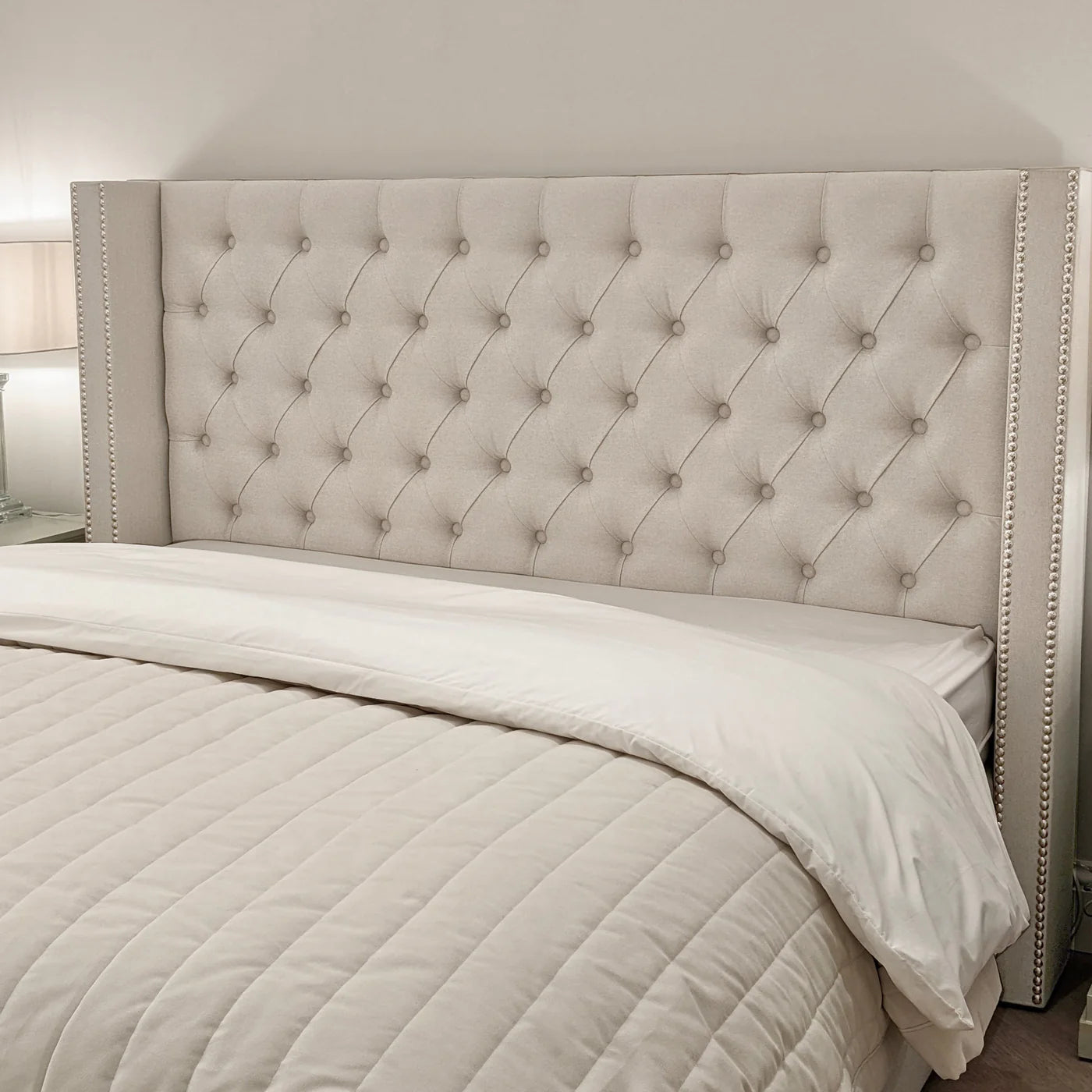 Evie Classic Luxury Grey Tweed Buttoned Silver Stud Wing Chunky Bed