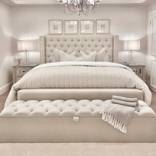 Lowry Classic Luxury Grey Tweed Buttoned Silver Stud Wing Chunky Ottoman Storage Bed
