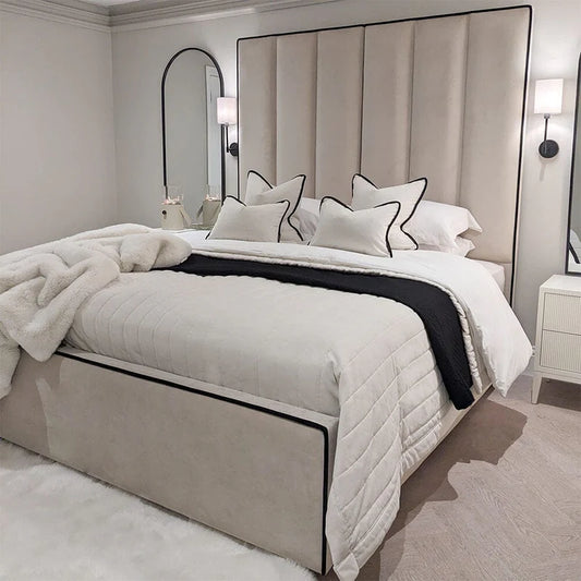 Austen Cream Velvet Luxury Panelled Ottoman Storage Bed with Contrast Black Piping